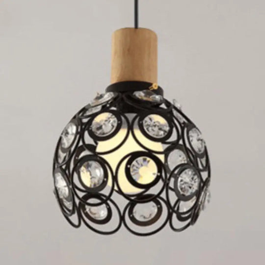 Industrial Dome Hanging Ceiling Light With Crystal Bead Deco - 1 Head Pendant In Black/White For