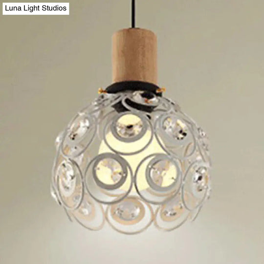 Industrial Dome Ceiling Light With Clear Crystal Bead Deco Pendant In Black/White For Restaurant