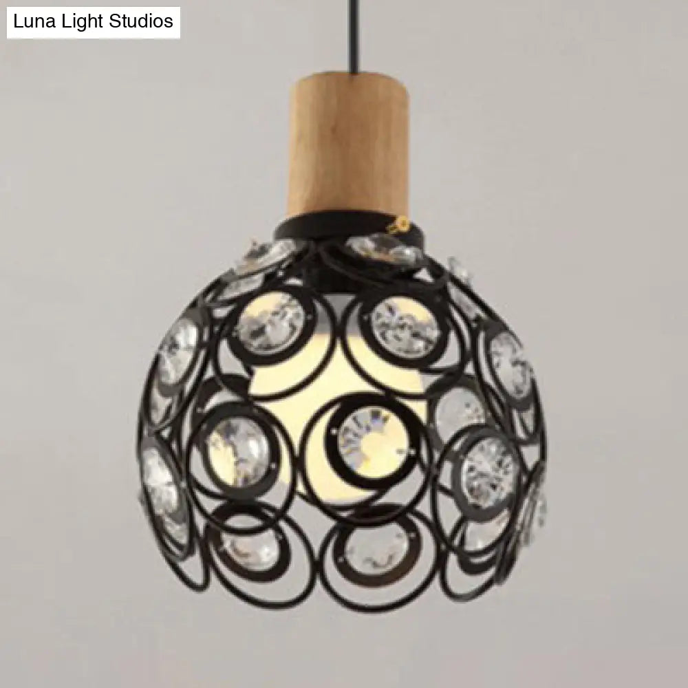 Industrial Dome Ceiling Light With Clear Crystal Bead Deco Pendant In Black/White For Restaurant