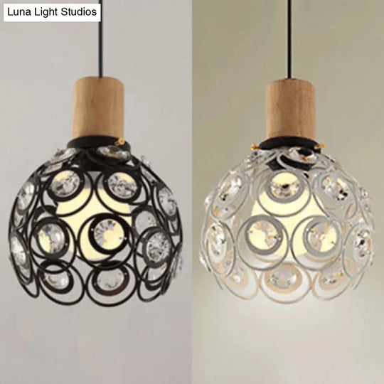 Industrial Dome Ceiling Light With Clear Crystal Bead Deco Pendant In Black/White For Restaurant