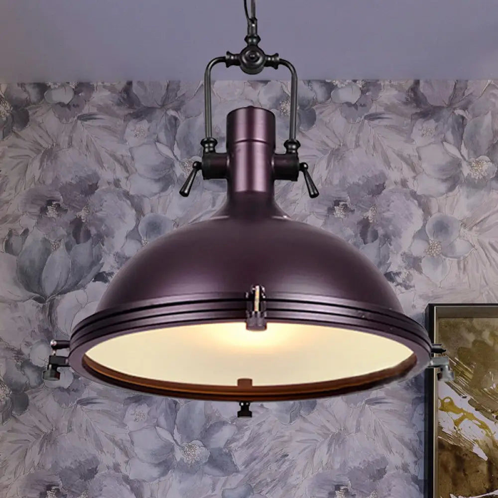 Industrial Dome Hanging Lamp With Frosted Diffuser 1 Light Metal Ceiling In Black/White/Purple For