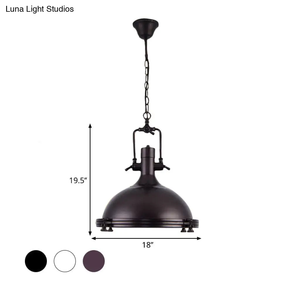 Industrial Dome Hanging Lamp With Frosted Diffuser 1 Light Metal Ceiling In Black/White/Purple For