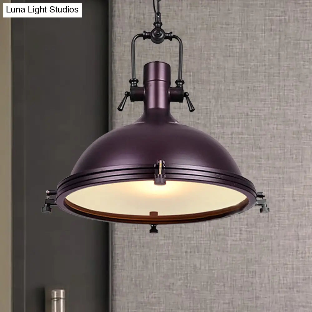 Industrial Dome Hanging Lamp With Frosted Diffuser 1 Light Metal Ceiling In Black/White/Purple For