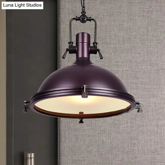 Industrial Dome Hanging Lamp With Frosted Diffuser 1 Light Metal Ceiling In Black/White/Purple For