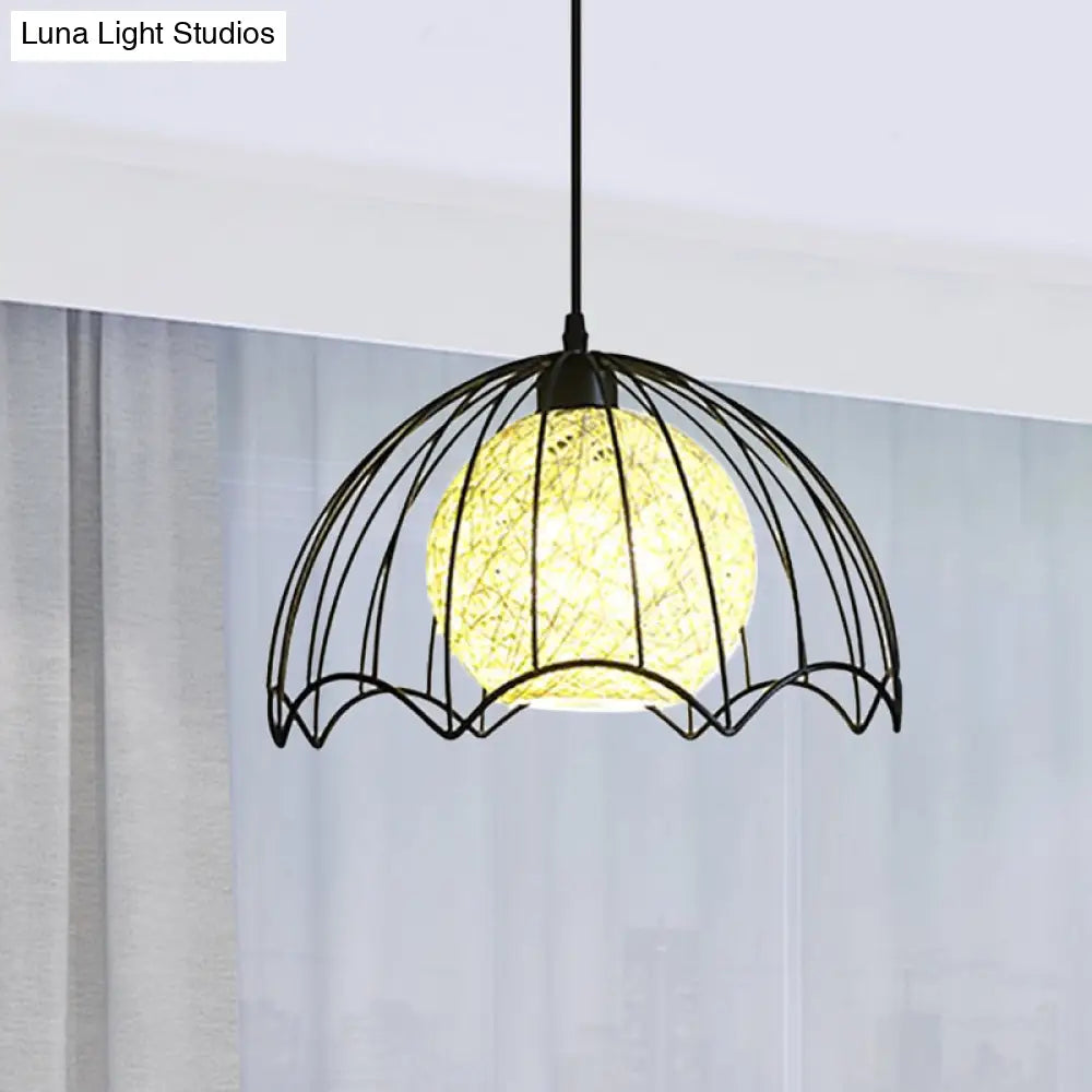 Industrial Dome Metal Hanging Lamp With Rattan Shade - 1 Light Black Ceiling Fixture For Dining Room