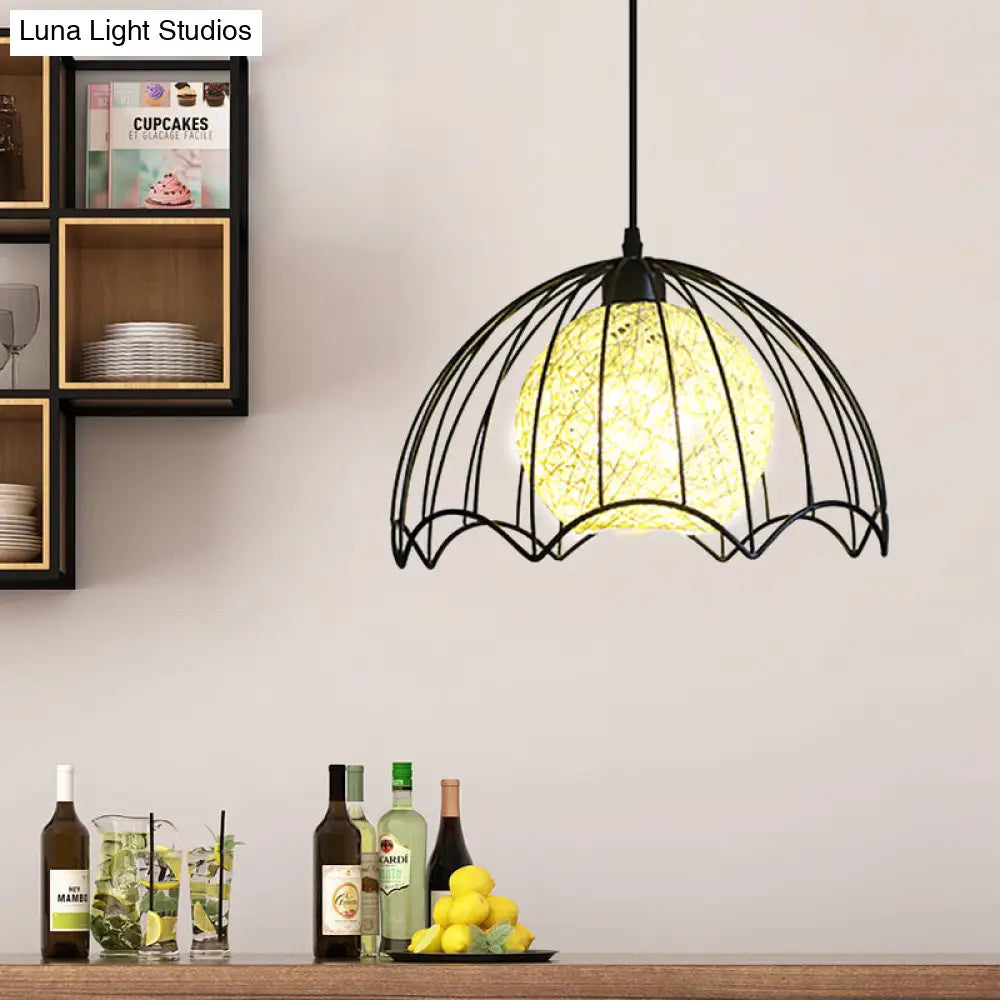 Industrial Metal Hanging Lamp With Rattan Shade - Black