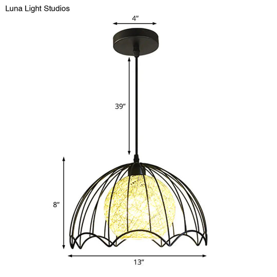 Industrial Dome Metal Hanging Lamp With Rattan Shade - 1 Light Black Ceiling Fixture For Dining Room