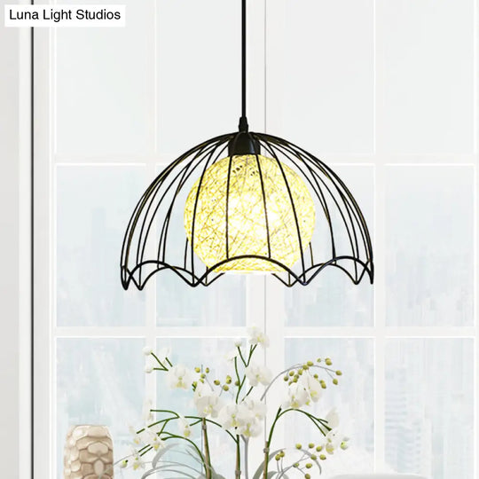 Industrial Dome Metal Hanging Lamp With Rattan Shade - 1 Light Black Ceiling Fixture For Dining Room