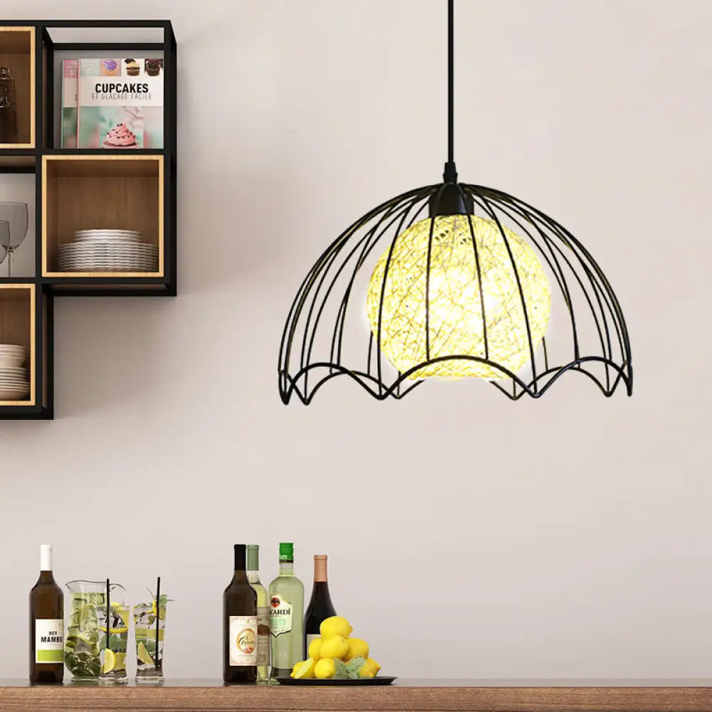 Industrial Dome Metal Hanging Lamp With Rattan Shade - 1 Light Black Ceiling Fixture For Dining Room