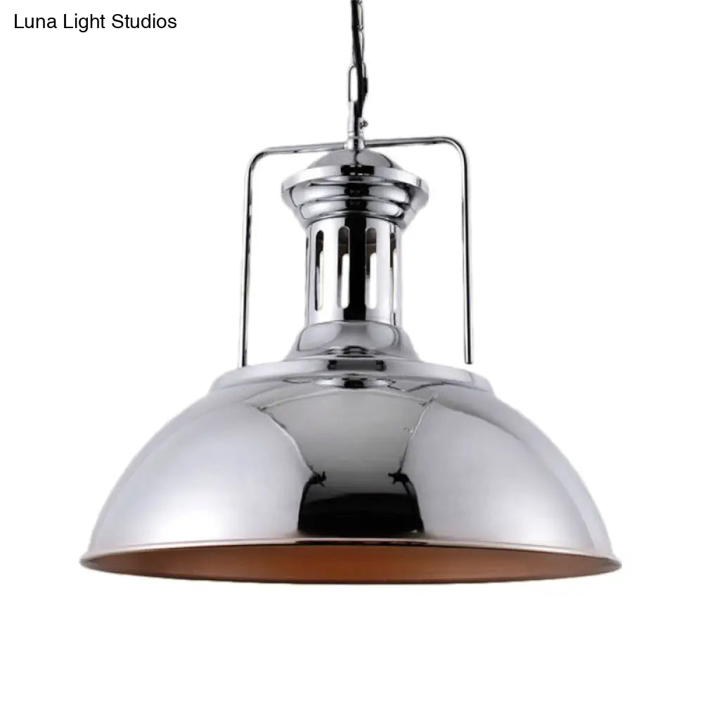 Industrial Dome Pendant Lamp - 1-Light Metal Ceiling Light In Nickel/Chrome Finish For Kitchen