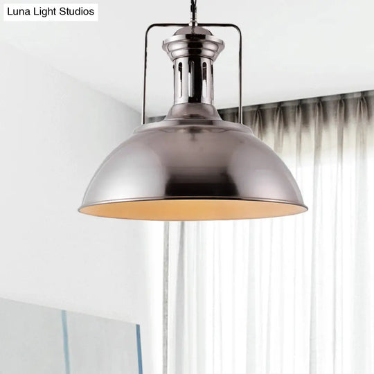 Industrial Dome Pendant Lamp - 1-Light Metal Ceiling Light In Nickel/Chrome Finish For Kitchen