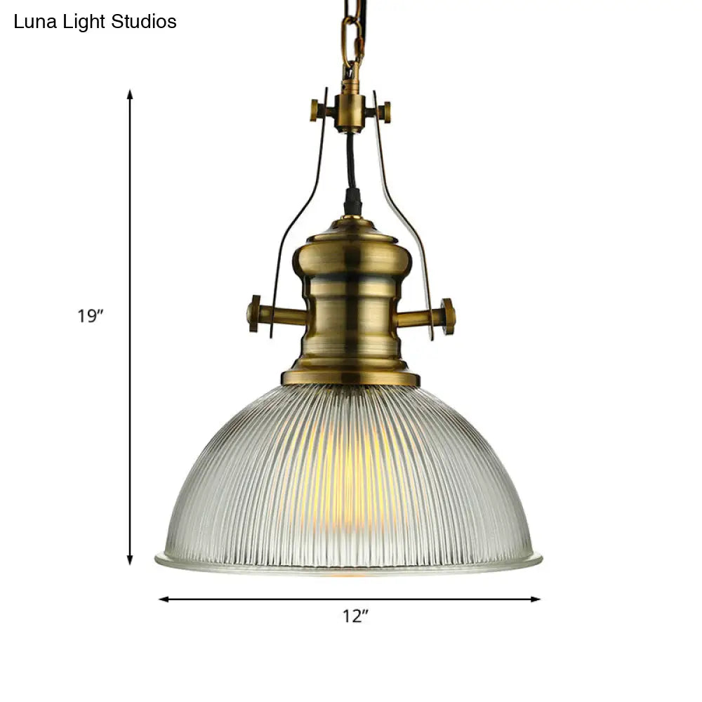 Wide Dome Pendant Light - 12/15 Industrial 1-Light Ribbed Glass Hanging Lamp In Brass For Dining