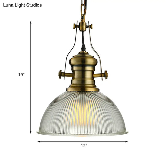 Wide Dome Pendant Light - 12/15 Industrial 1-Light Ribbed Glass Hanging Lamp In Brass For Dining