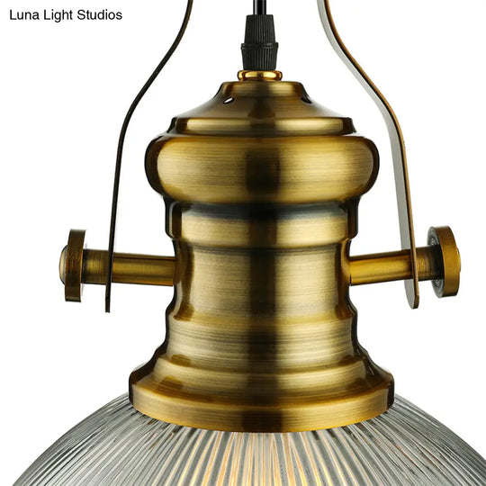 Wide Dome Pendant Light - 12/15 Industrial 1-Light Ribbed Glass Hanging Lamp In Brass For Dining