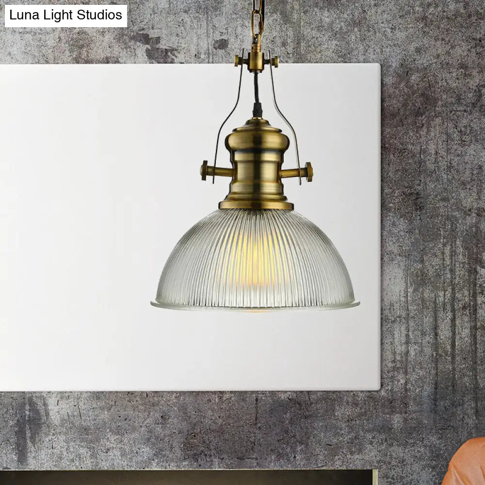 Wide Dome Pendant Light - 12/15 Industrial 1-Light Ribbed Glass Hanging Lamp In Brass For Dining