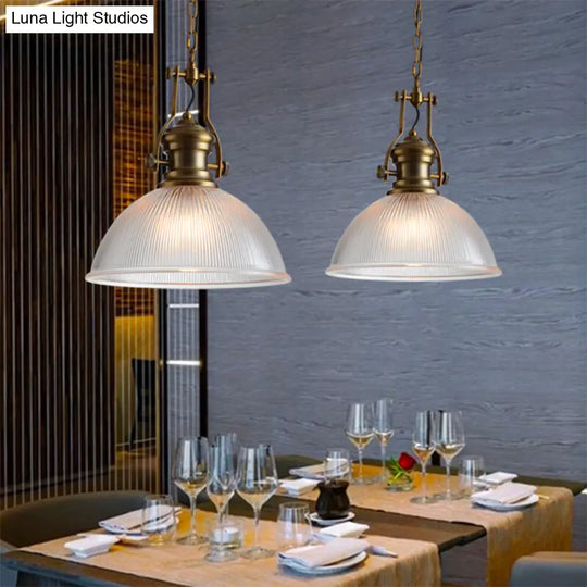 Wide Dome Pendant Light - 12/15 Industrial 1-Light Ribbed Glass Hanging Lamp In Brass For Dining