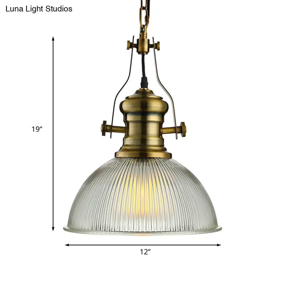 Industrial Dome Pendant Light - 12’/15’ Wide Ribbed Glass Brass Dining Room