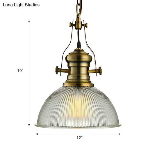 Industrial Dome Pendant Light - 12’/15’ Wide Ribbed Glass Brass Dining Room