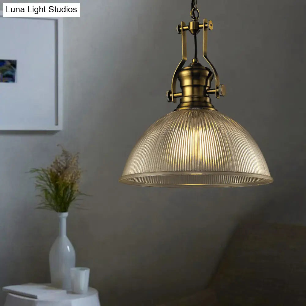 Wide Dome Pendant Light - 12/15 Industrial 1-Light Ribbed Glass Hanging Lamp In Brass For Dining