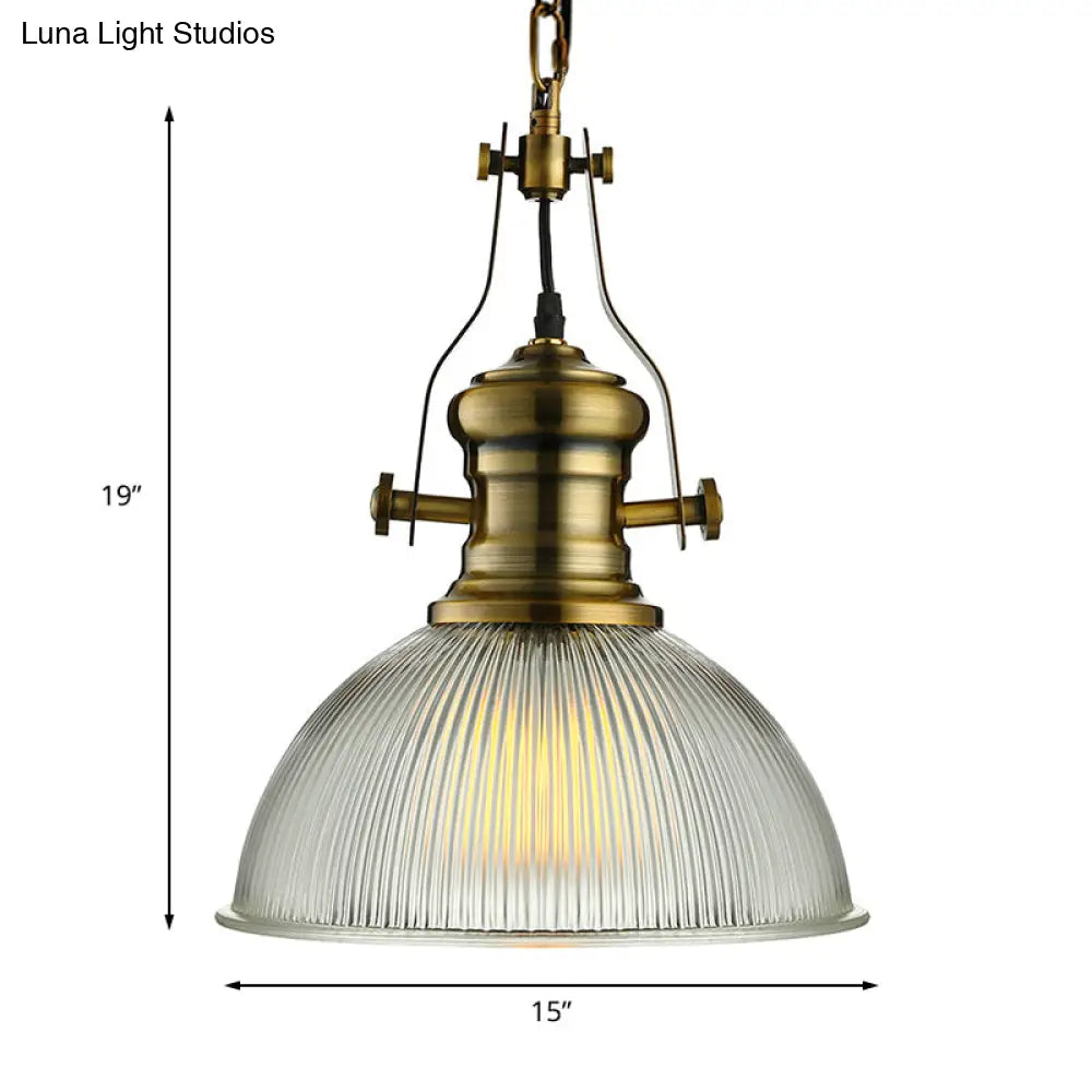 Wide Dome Pendant Light - 12/15 Industrial 1-Light Ribbed Glass Hanging Lamp In Brass For Dining