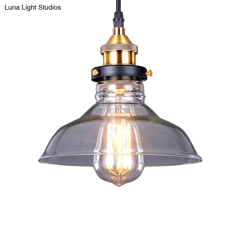 Industrial Dome Pendant Light - Single-Bulb Brass With Brown/Clear Glass 8/10/11 Wide