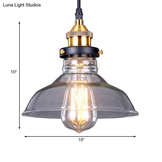 Industrial Dome Pendant Light - Single-Bulb Brass With Brown/Clear Glass 8/10/11 Wide