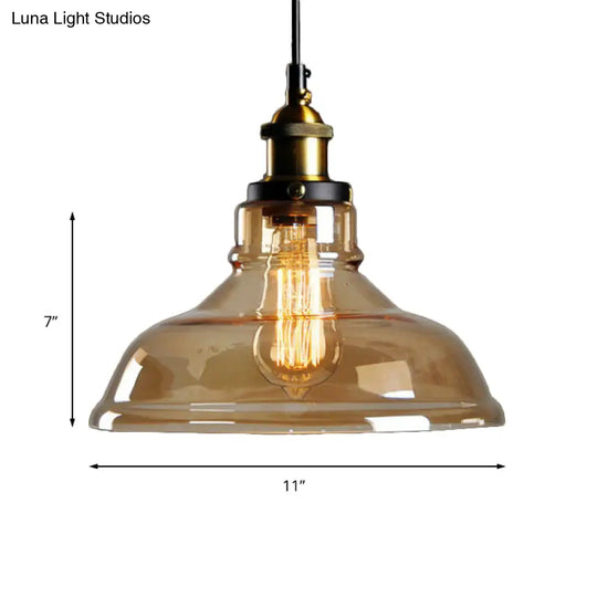 Industrial Dome Pendant Light - Single-Bulb Brass Hanging Lamp With Brown/Clear Glass