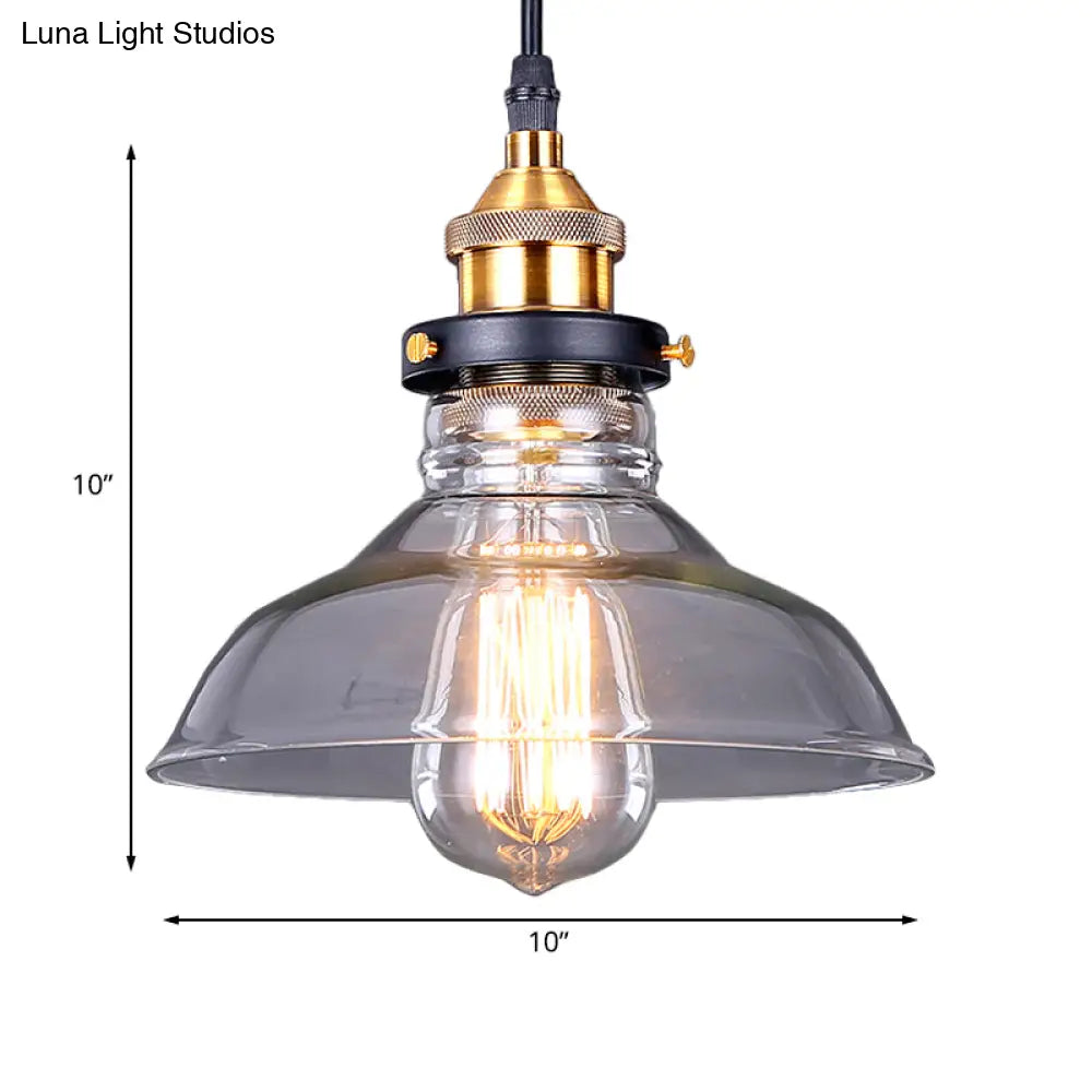 Industrial Dome Pendant Light - Single-Bulb Brass Hanging Lamp With Brown/Clear Glass