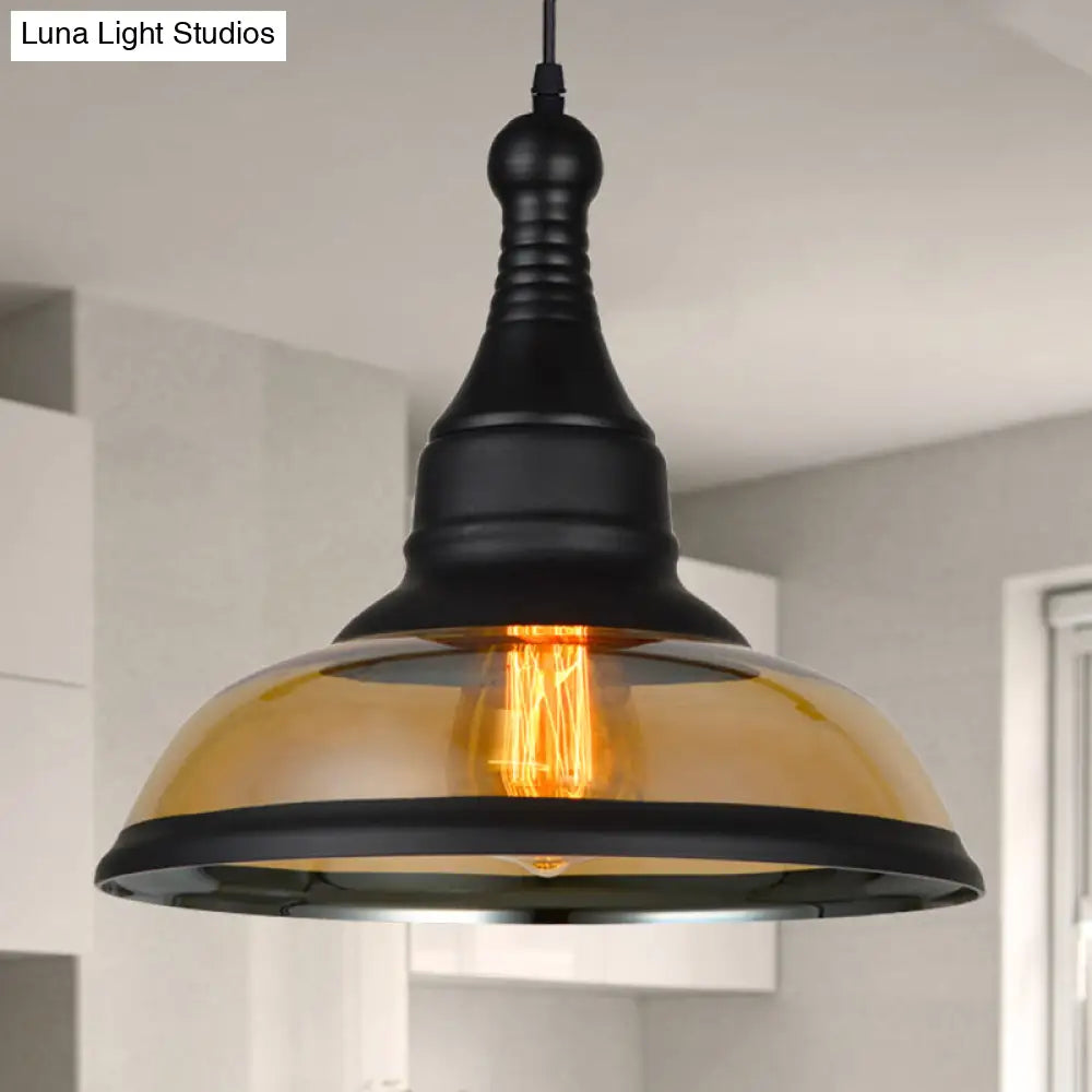 Industrial Dome Shade Pendant Light With Amber Glass - Black Finish