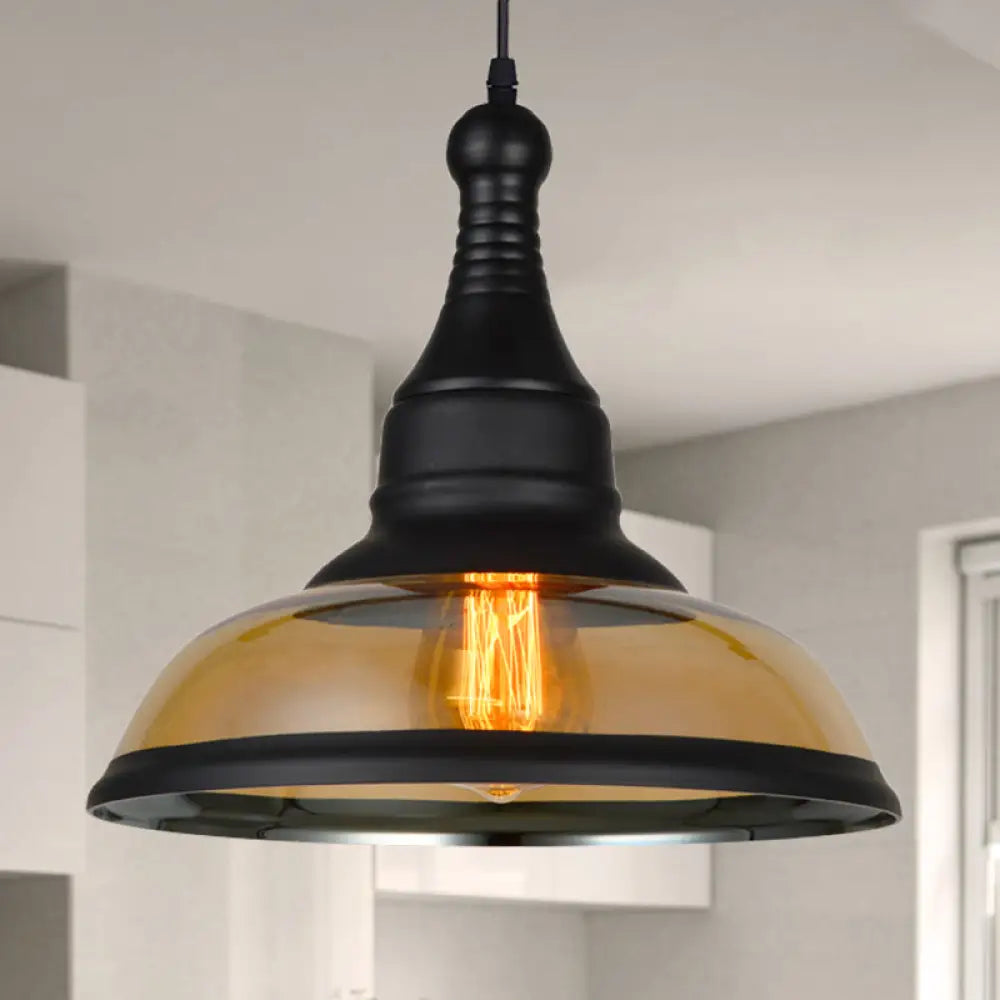 Industrial Dome Pendant Light With Amber Glass Shade - Black Ceiling Hanging Fixture