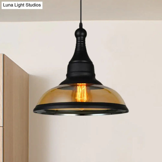 Industrial Dome Shade Pendant Light With Amber Glass - Black Finish