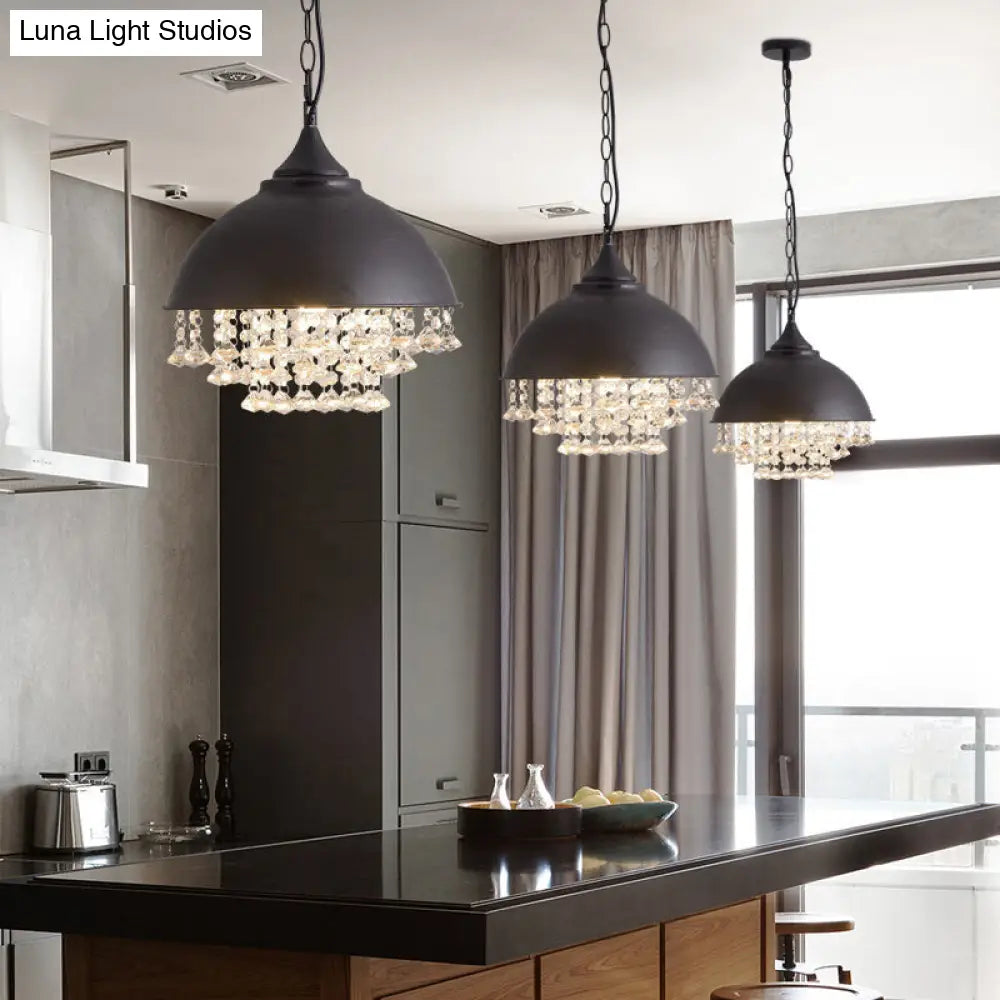 Industrial Dome Pendant Light: Black/Chrome Metal Hanging Fixture With Crystal Bead Black