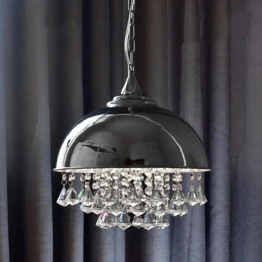 Industrial Dome Pendant Light With Crystal Bead Black/Chrome Metal Hanging Fixture Chrome