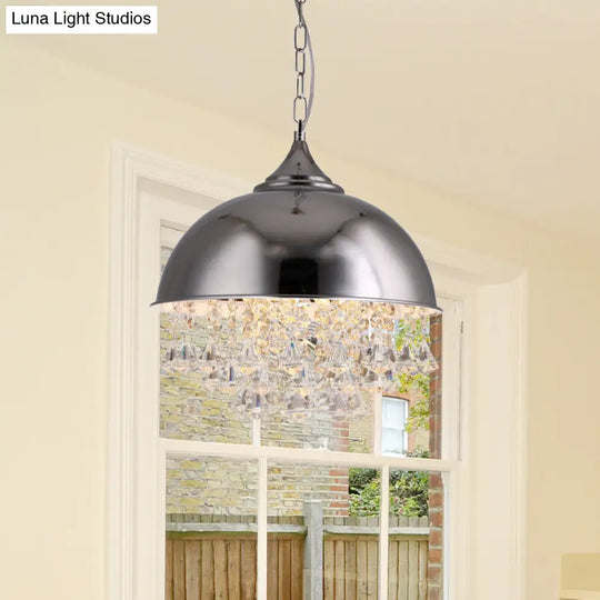 Industrial Dome Pendant Light: Black/Chrome Metal Hanging Fixture With Crystal Bead