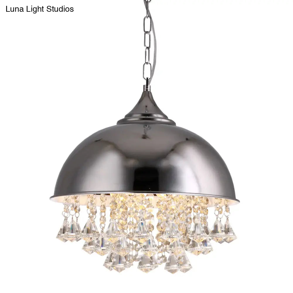 Industrial Dome Pendant Light With Crystal Bead Black/Chrome Metal Hanging Fixture