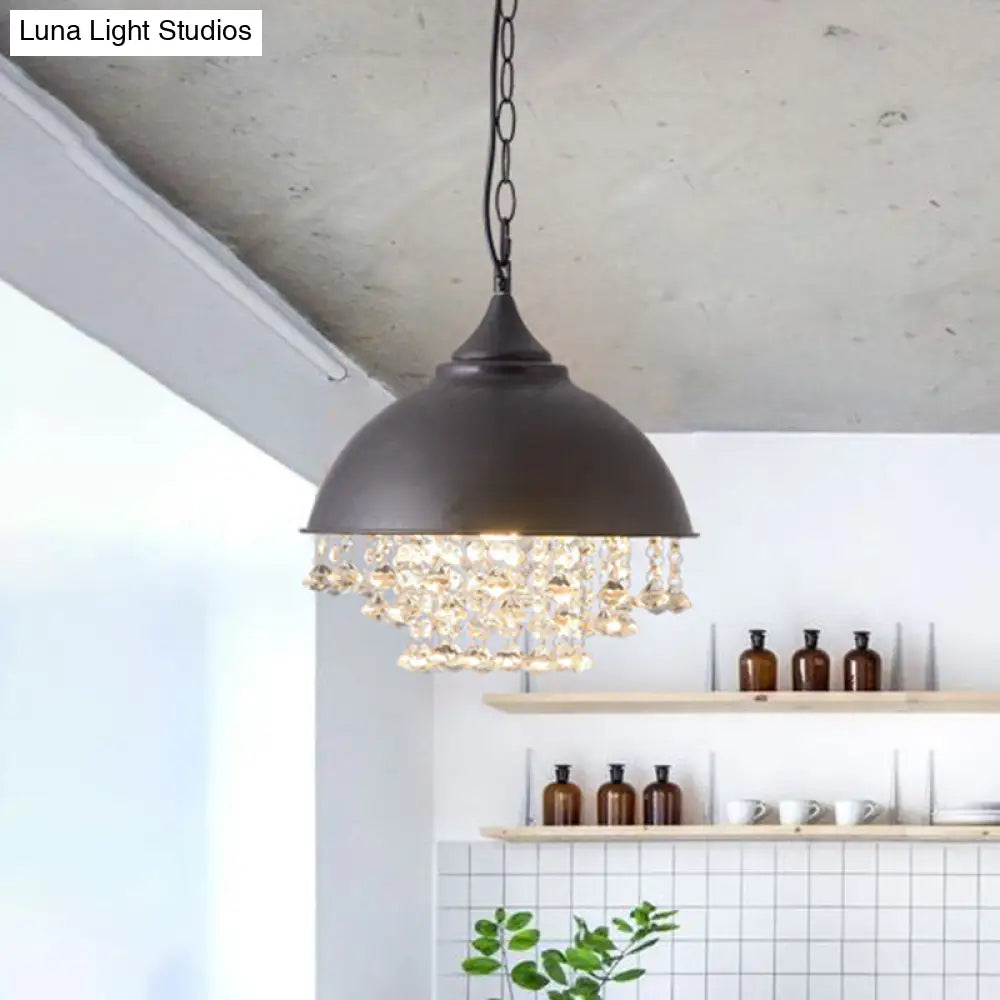 Industrial Dome Pendant Light With Crystal Bead Black/Chrome Metal Hanging Fixture
