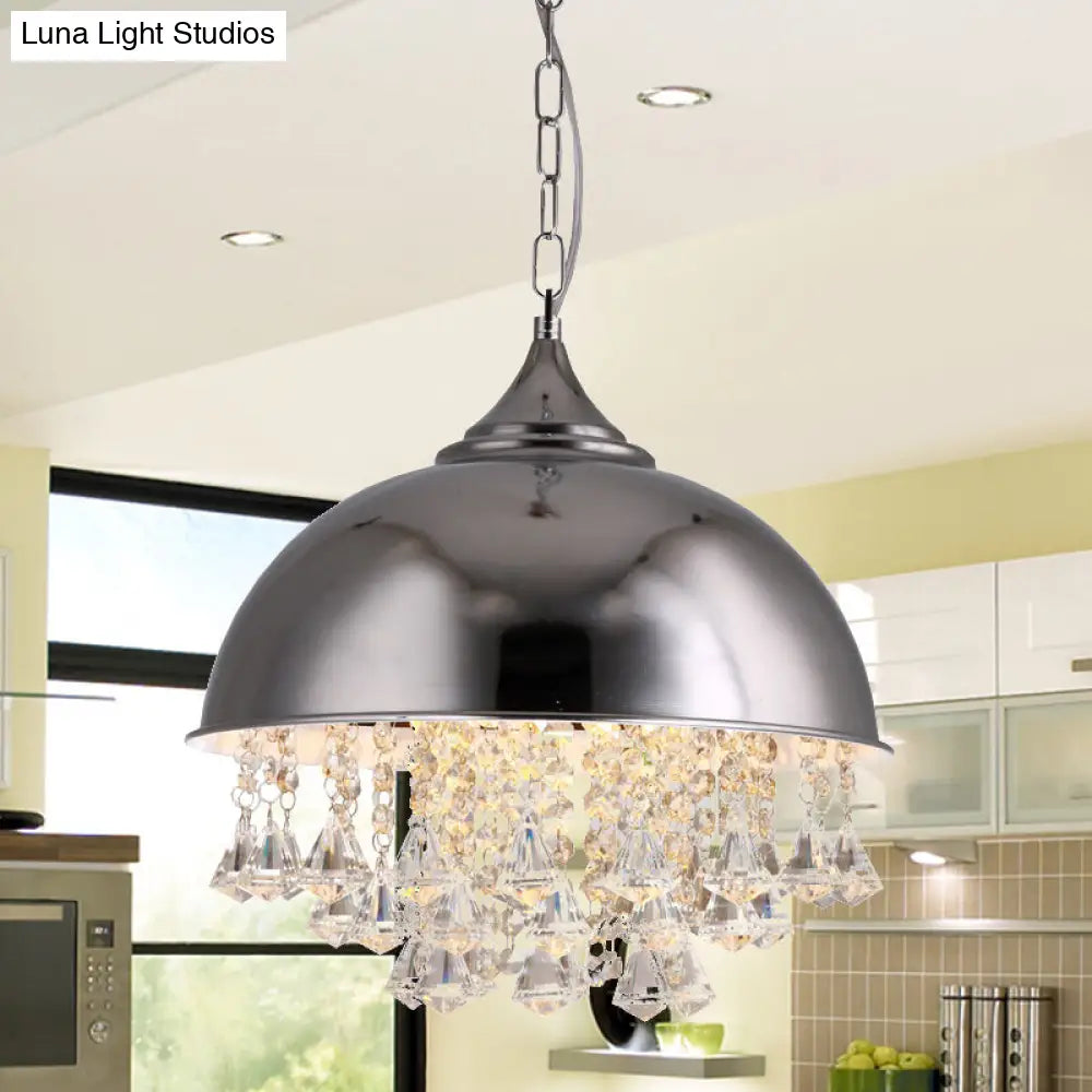 Industrial Dome Pendant Light: Black/Chrome Metal Hanging Fixture With Crystal Bead