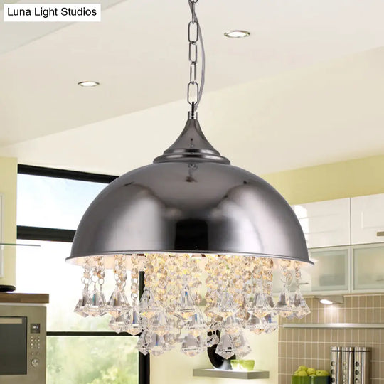 Industrial Dome Pendant Light: Black/Chrome Metal Hanging Fixture With Crystal Bead