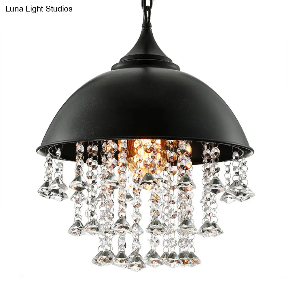 Industrial Dome Pendant Light: Black/Chrome Metal Hanging Fixture With Crystal Bead