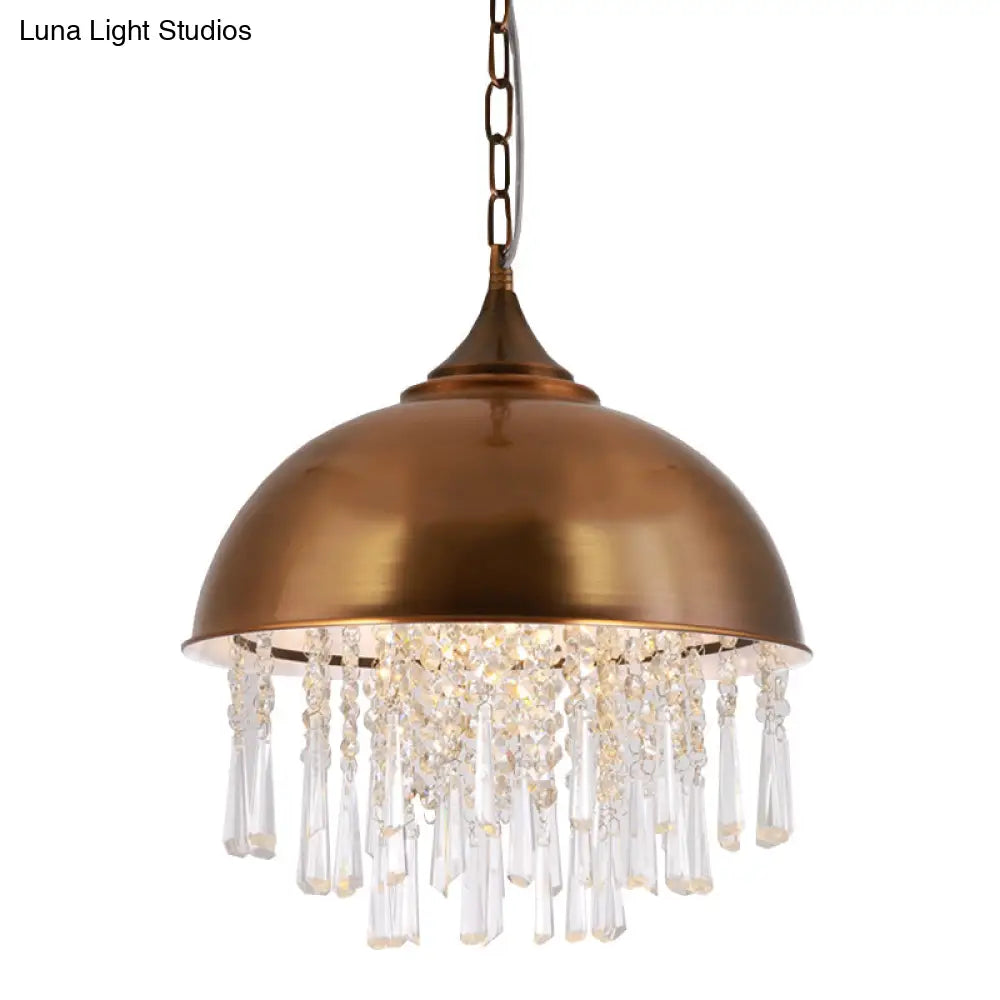 Industrial Dome Pendant Light With Crystal Bead Black/Chrome Metal Hanging Fixture