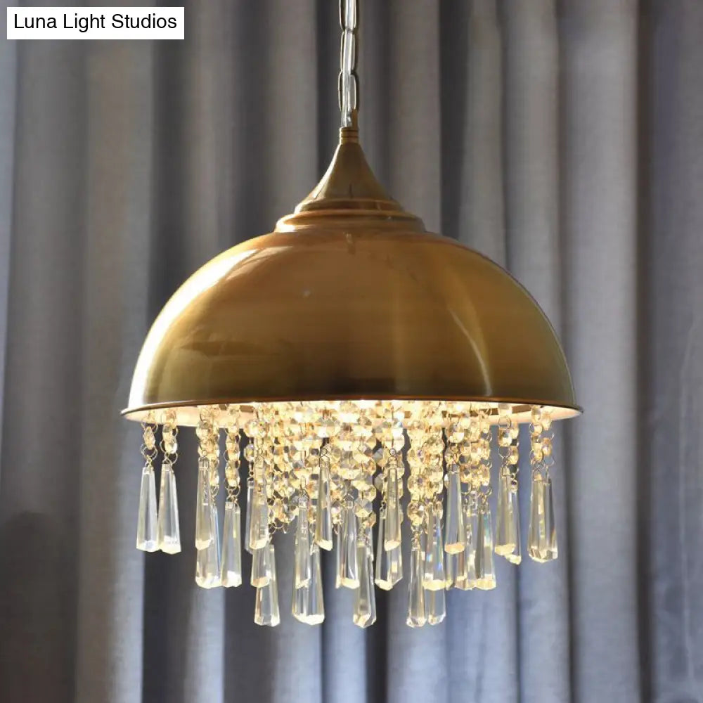 Industrial Dome Pendant Light: Black/Chrome Metal Hanging Fixture With Crystal Bead Bronze