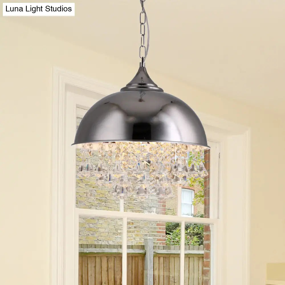 Industrial Dome Pendant Light With Crystal Bead Black/Chrome Metal Hanging Fixture