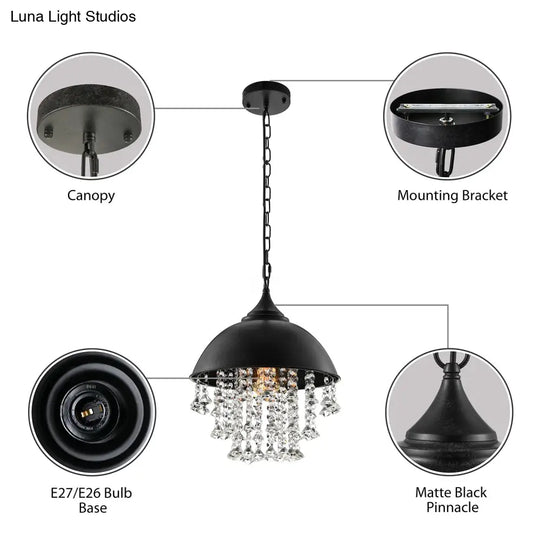 Industrial Dome Pendant Light: Black/Chrome Metal Hanging Fixture With Crystal Bead