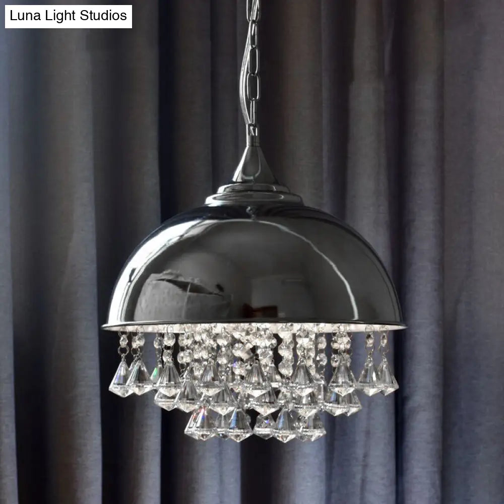 Industrial Dome Pendant Light: Black/Chrome Metal Hanging Fixture With Crystal Bead Chrome
