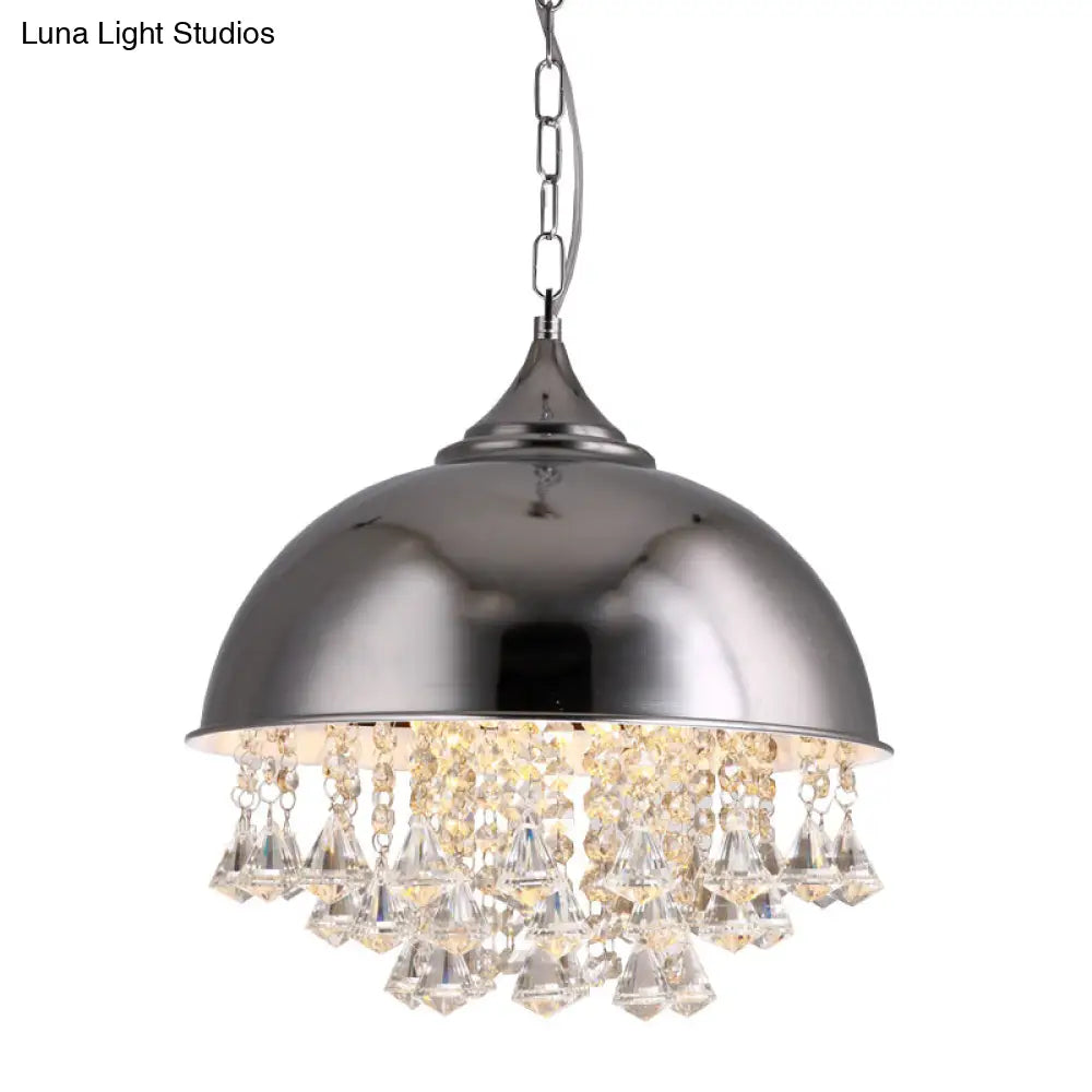 Industrial Dome Pendant Light: Black/Chrome Metal Hanging Fixture With Crystal Bead