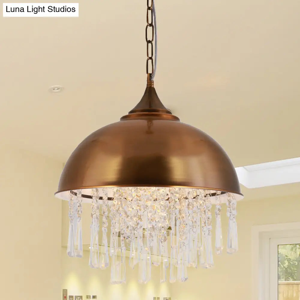 Industrial Dome Pendant Light With Crystal Bead Black/Chrome Metal Hanging Fixture