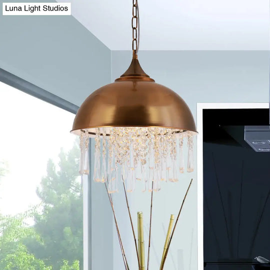 Industrial Dome Pendant Light With Crystal Bead Black/Chrome Metal Hanging Fixture