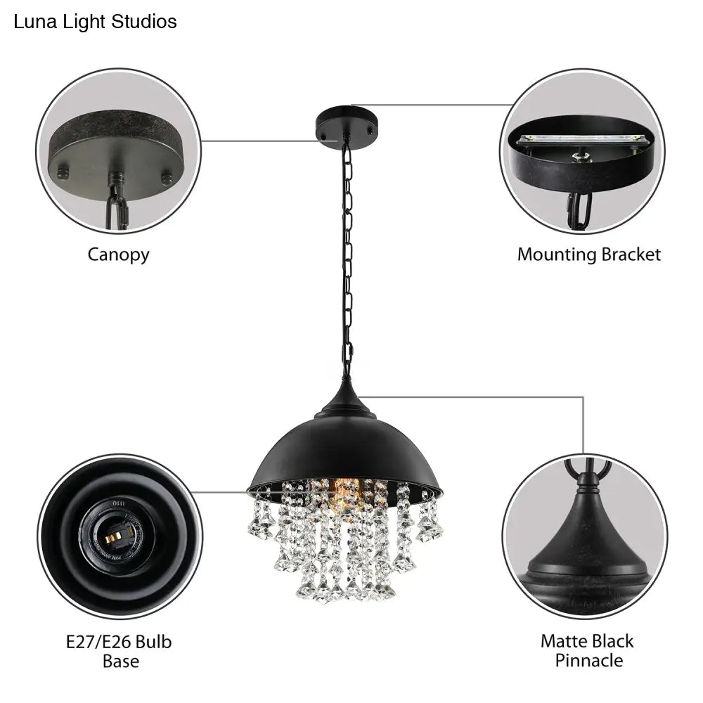 Industrial Dome Pendant Light With Crystal Bead Black/Chrome Metal Hanging Fixture