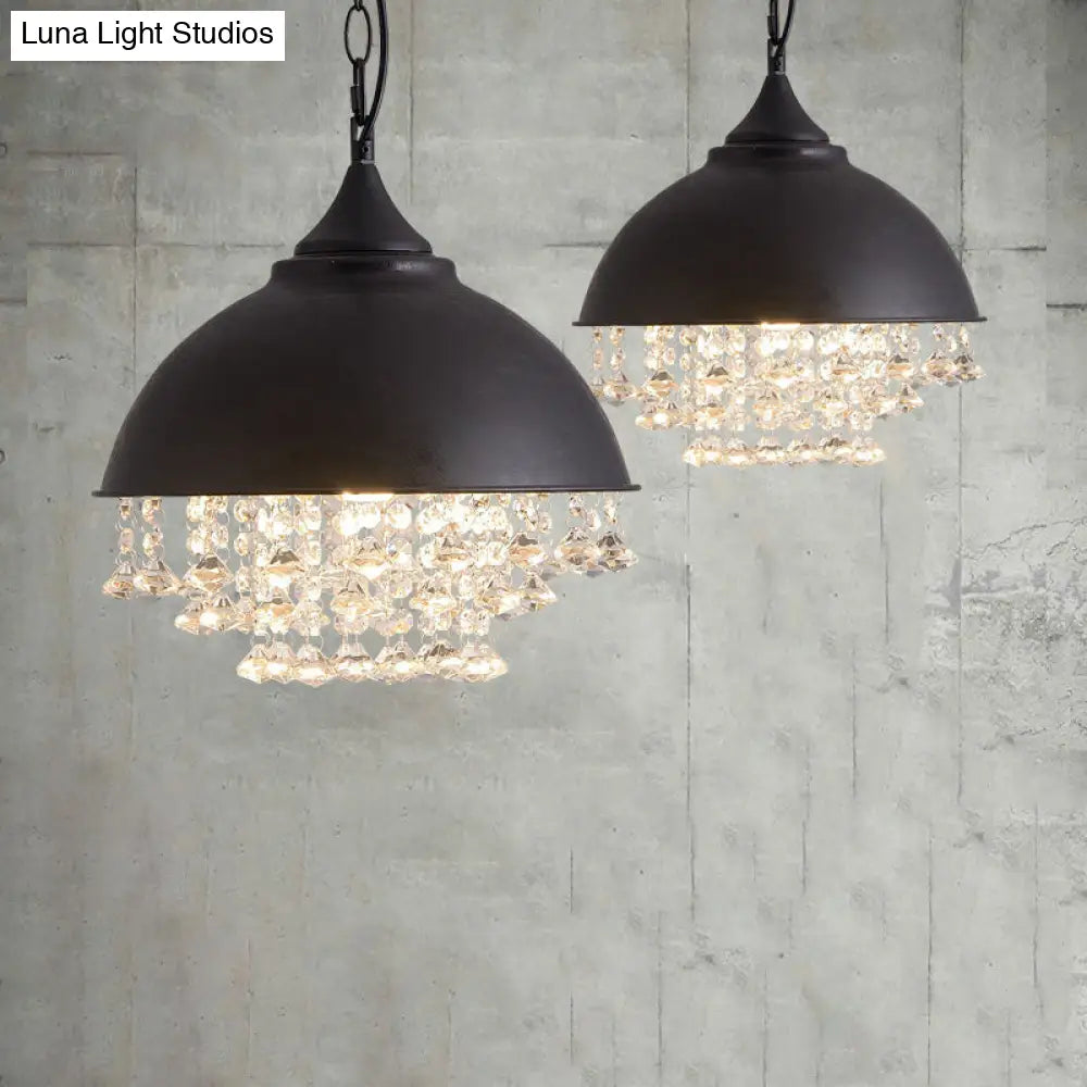 Industrial Dome Pendant Light With Crystal Bead Black/Chrome Metal Hanging Fixture