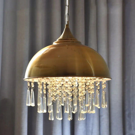 Industrial Dome Pendant Light With Crystal Bead Black/Chrome Metal Hanging Fixture Bronze